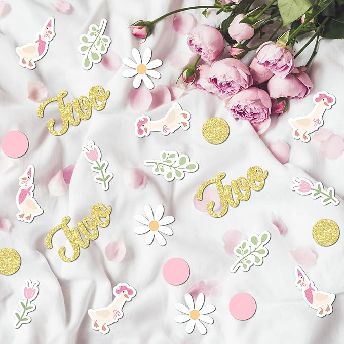 220PCS Two Silly Goose Birthday Decorations for Girl, Goose Dot Leaves Flower 2nd Birthday Confetti for Pink and Gold 2 Year Old Bday Decor
