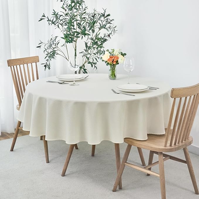 maxmill Round Weaved Texture Design Tablecloth Spill-Proof Wrinkle Free Soft Washable Table Cloth for Circular Table Cover, for Dining Room Buffet Banquet Parties Holiday Dinner, 70 Inch Ivory