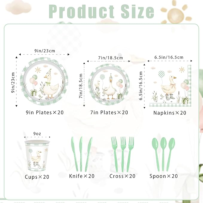 Pet Duck Birthday Decorations Supplies, 140PCS Disposable Paper Dinnerware Set Paper Plates Napkins Cups Set for 20 Guests Duck