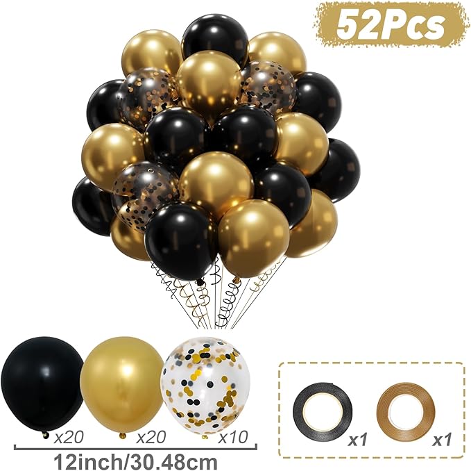 Patimate Black Gold Confetti Balloons Set, 50 pcs 12 inch Metallic Gold Black Confetti Latex Balloons Kit for Birthday Wedding Graduation New Years Anniversary Party Decorations