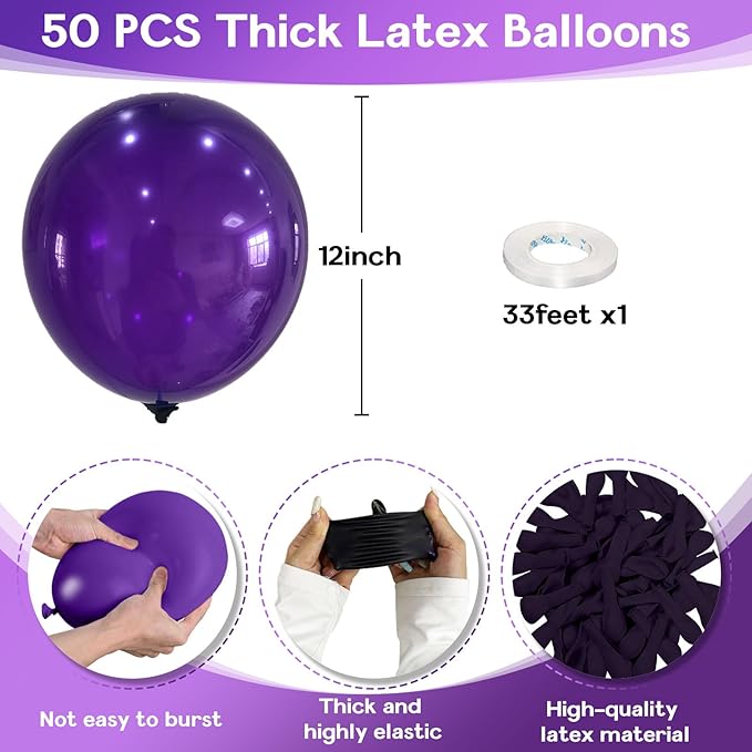 Purple Balloons - 50pcs 12 Inch Dark Purple Latex Balloons for Arch, Birthday, Halloween, Graduation Parties