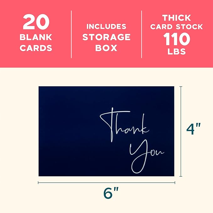 VNS Creations 20 Pack Thank You Cards With Envelopes, Stickers, 4x6 Inch Blank Thank You Notes - Bulk Box Set Large Notes for Graduation, Wedding, Small Business, Baby & Bridal Shower - Navy Blue