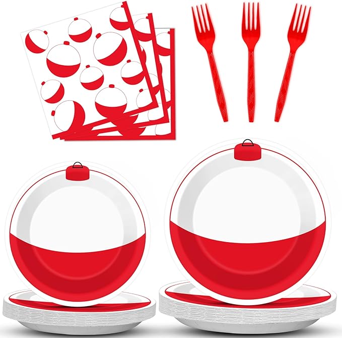 ZOIIWA 96 Pieces Gone Fishing Party Plates Napkins Fishin' Tableware Set for Fishing Themed Table Decorations Supplies Birthday Dessert Plates Forks for 24 Guests Disposable Party Favors