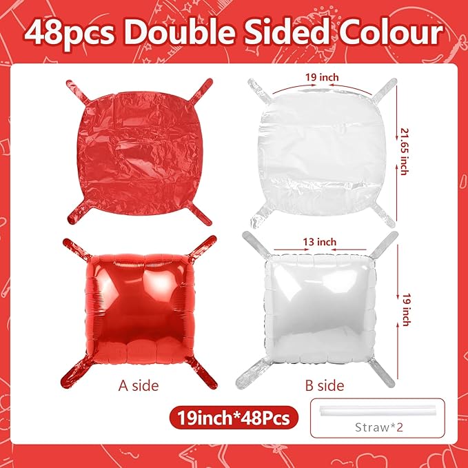 NISOCY 48PCS Red White Square Foil Balloons Wall Backdrop Double Sided Red Pearl White Balloons Arch Kit for Birthday Wedding Bridal Shower Valentine Anniversary Party Decorations