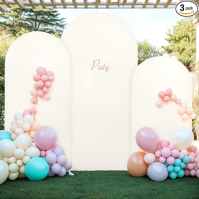 (7.2FT, 6.6FT, 6FT) Wedding Arch Cover Set of 3 Beige Spandex Fitted Arch Cover for Round Top Chiara Backdrop Stand Covers for Birthday Party Banquet Photo Background Decoration