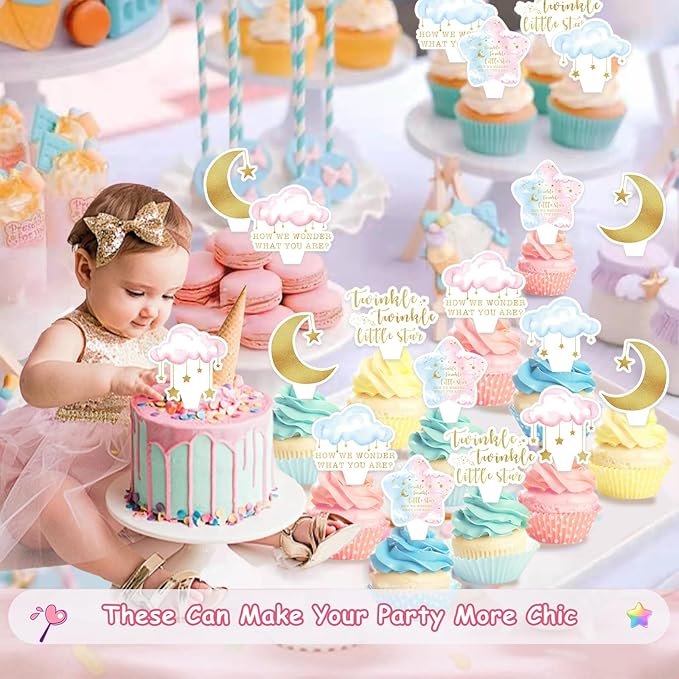 20 PCS Baby Shower Cupcake Toppers, Twinkle Twinkle Little Star Gender Reveal Decorations, Cake Party Supplies Decorations Gender Reveal Party Decorations for Baby Shower Boy Girl Birthday