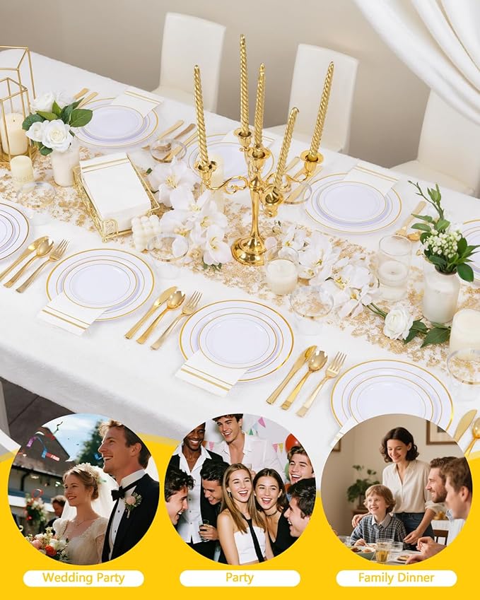 GATHER 700PCS Gold Plastic Plates - Whtie and Gold Disposable Dinnerware Sets 100Guest - 200 Disposable Plate, 300 Plastic Silverware, 100 Cups, 100 Napkins for Wedding & Party & Christmas