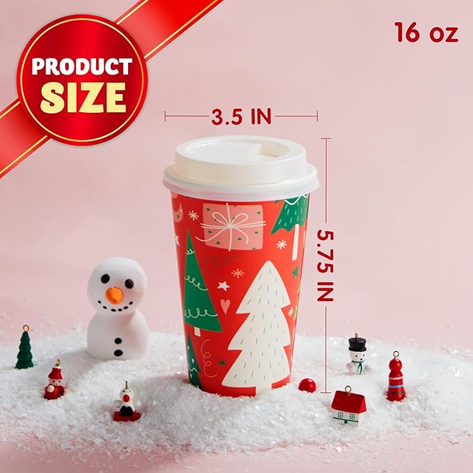 JOYIN 24 PCS Christmas Disposable Paper Cups, 16 oz Merry Christmas Party Cups With Sleeves and Lids, 8 Designs Xmas Coffee Drinkware, Beverages Tableware Holiday Supplies Favors