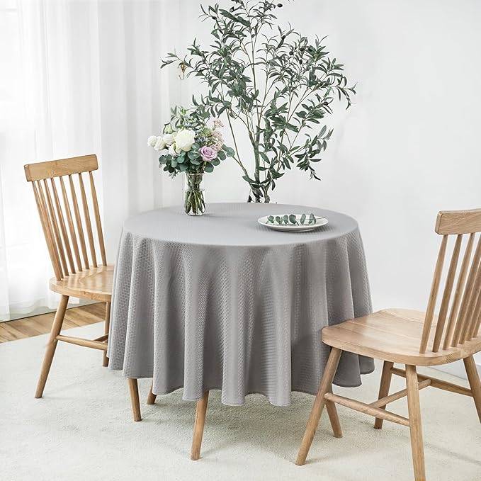 maxmill Round Weaved Texture Design Tablecloth Spill-Proof Wrinkle Free Soft Washable Table Cloth for Circular Table Cover, for Dining Room Buffet Banquet Parties Holiday Dinner, 70 Inch Light Grey