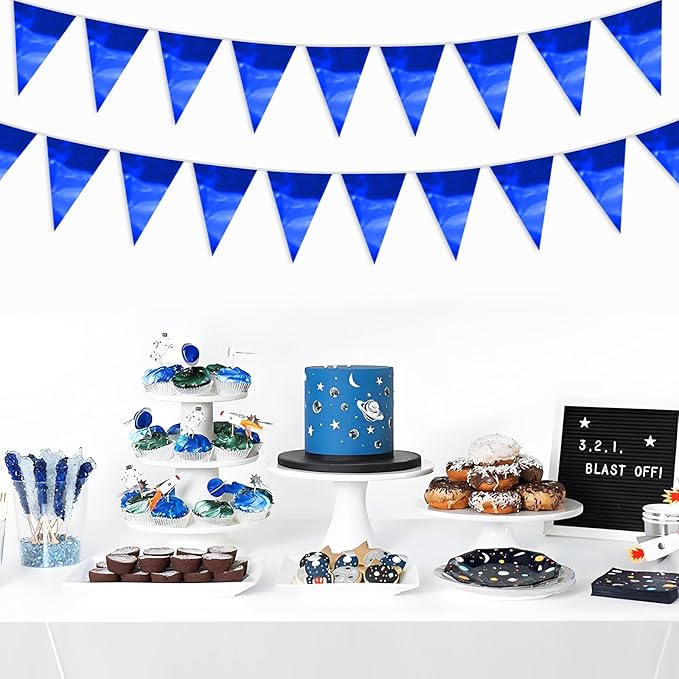 65FT Blue Glitter Triangle Pennant Banner Flag Metallic Bunting Fabric Garland for Christmas Graduation Wedding Engagement Anniversary Bachelorette Birthday Bridal Shower Valentine's Party Supplies