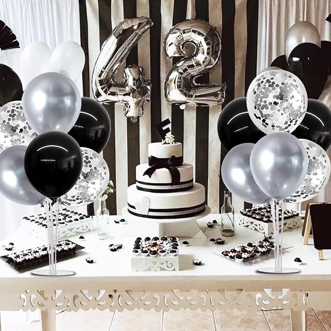 TONIFUL 4 Set Black and Silver Balloons Stand Centerpiece Table Decorations for Birthday, Baby Shower, Wedding, Halloween and Anniversary Party Decorations Graduations