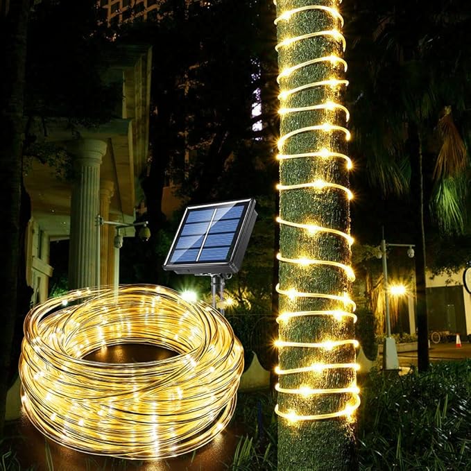 Solar Rope Light 33FT 100L IP65 Weatherproof Outdoor LED Copper Fairy String Tube Lights for Party Garden Porch Yard Home Wedding Vacation Daily Holiday Tree Decoration Lighting (Warm White)
