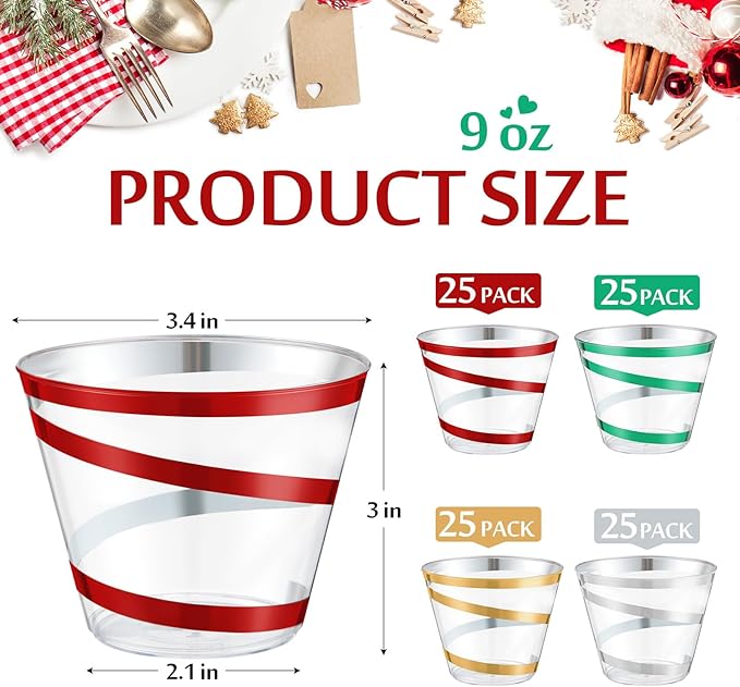 Gejoy 9 oz Rimmed Swirl Plastic Cups Disposable Wine Drinking Cups Clear Elegant Halloween Tumblers for Christmas Party Supplies(Red,Green,Gold,Silver,100 Pcs)