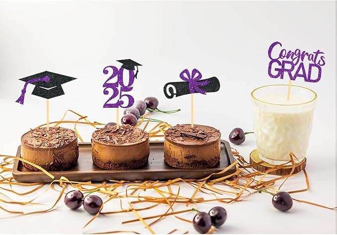 24Pcs Graduation Cupcake Toppers, Graduation Cupcake Picks for Cupcake Food Decorations - Class of 2025 Cupcake Toppers Supplies (Purple)