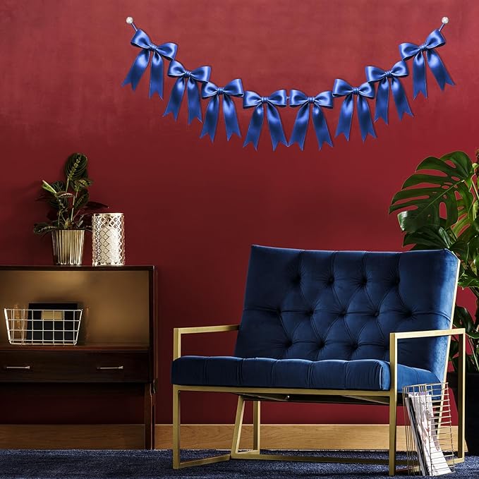 1 String of 8PCS Navy Blue Bow Garland Banner Decoration,Pre-Strung Satin Ribbon Ornaments for Birthday,Bachelorette Party,Bridal Shower,Wedding,Engagement,Baby Shower,Graduation Decor,Anniversary