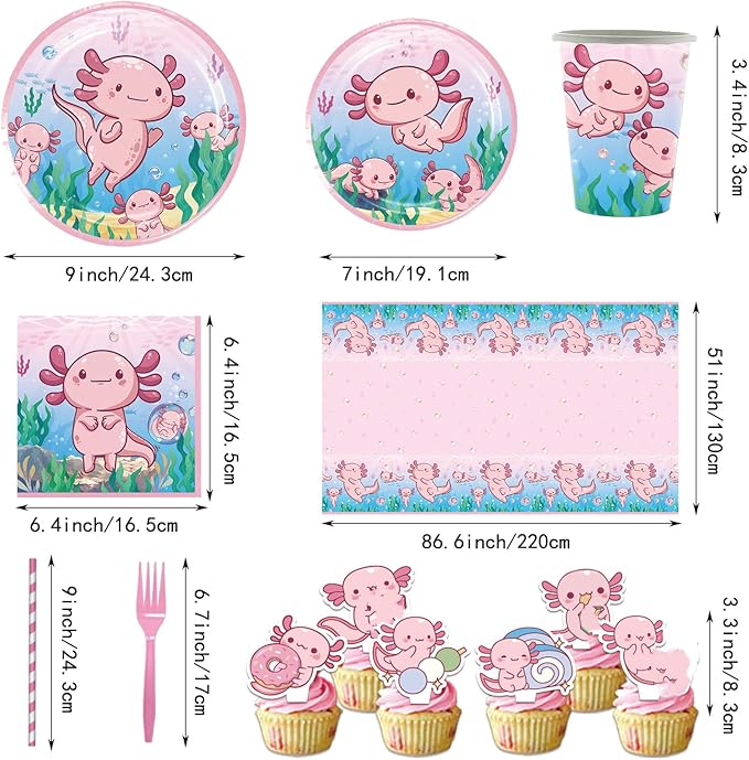 164PCS Pink Cartoon Axolotl Birthday Party Decorations, Tableware Axolotl Party Supplies Plates and Napkins Set, Banner, Hanging Swirls, Tablecloth, Cake Cupcake Topper, Reptile Animals Baby Shower