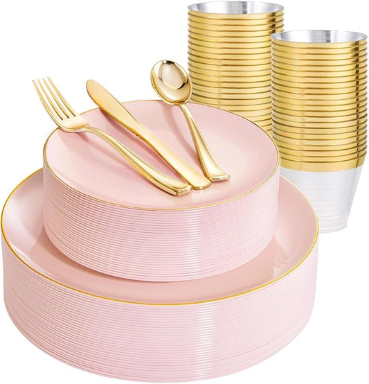 WDF 150Pcs Pink Plates Disposable - Pink and Gold Plastic Plates 25guest Disposable Dinnerware Include 25 Dinner Plate, 25 Dessert Plate, 25 Cutlery & 25 9oz Cups for Wedding & Party