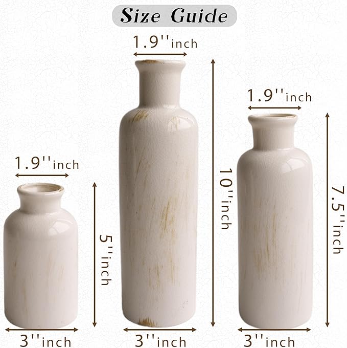 Pampas Grass with Vase Set – 3 Beige White Ceramic Vases with Natural Dried Pampas, Bunny Tails & More – Neutral Farmhouse Decor for Fireplace, Home, Mantel, Entryway, Kitchen & Boho Table Centerpiece