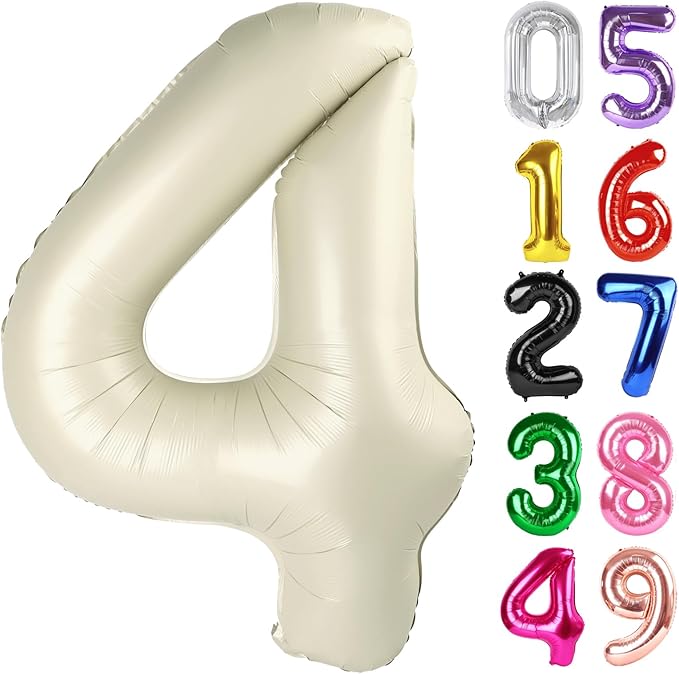 Cream Number 4 Balloon 40 Inch, 4th Birthday Party Decorations for Children, Giant 4 Foil Balloon for Party Supplies