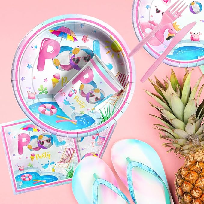 Pool Party Supplies,141pcs Pink Pool Birthday Tableware Decorations Pool Party Plates Cups Summer Theme Napkins Beach Ball Tablecloth for Hawaii Party Decoration