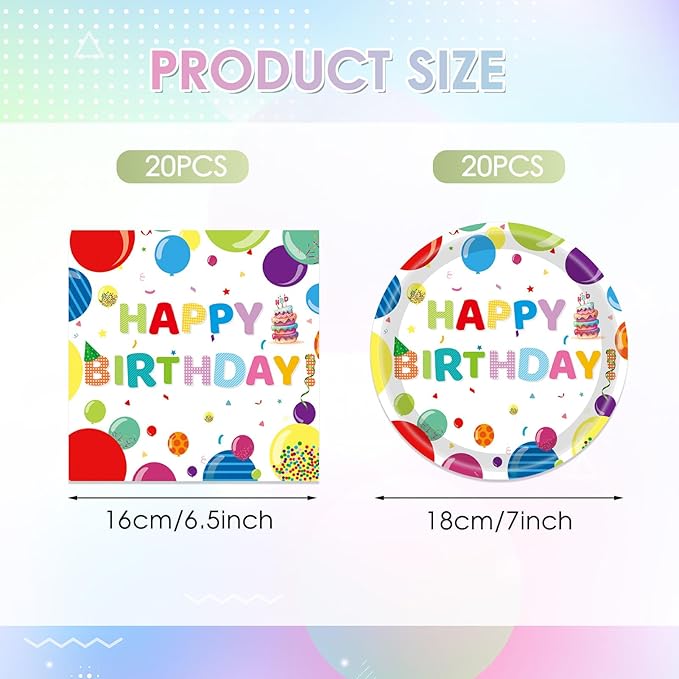40PCS Happy Birthday Decorations Colorful Balloons Design Happy Birthday Party Supplies Set Disposable Paper Birthday Plates Napkins for Boys Girls Birthday Baby Shower Serves 20