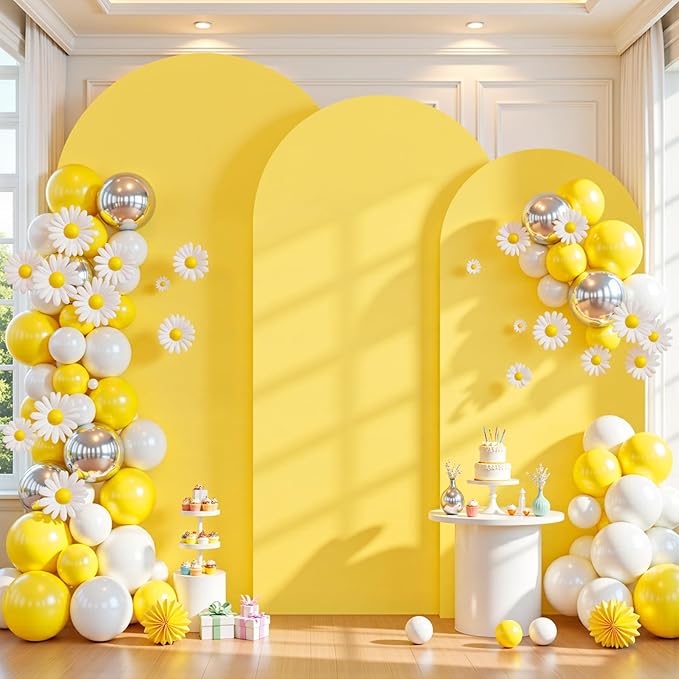 (7.2FT, 6.6FT, 6FT) Wedding Arch Cover Set of 3 Yellow Spandex Fitted Arch Cover for Round Top Chiara Backdrop Stand Covers for Birthday Party Banquet Photo Background Decoration