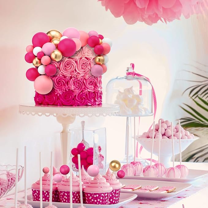 108 Pcs Balls Cake Topper DIY Cupcake Insert Foam Balloons for Cake Baking Wedding Anniversary Birthday Decoration(Pink Series, White, Gold,Multi Sizes)