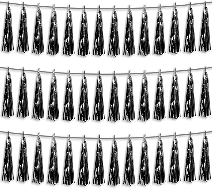 3P Black Foil Fringe Metallic Tassel Streamers Banner Tassel Garland for Parade Floats, Bachelorette, Wedding, Birthday, Halloween, Christmas, Bridal/Baby Shower Party Decorations