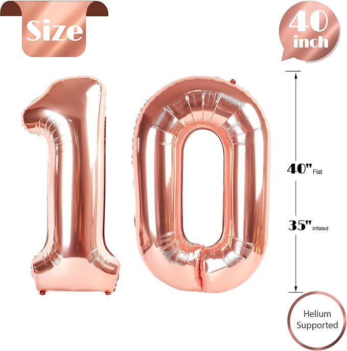 10 Balloon Number, Rose Gold Number 10th Birthday Balloons 40 Inch, 10 Years Old Rose Gold Birthday Decorations for Boys Girls, 10th Anniversary Decorations