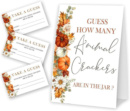 Little Pumpkin Guess How Many Animal Crackers - Thanksgiving Baby Shower Card Set (1 Sign With 50 Guess Cards), Fall Gender Reveal Party Favor Supplies -A14