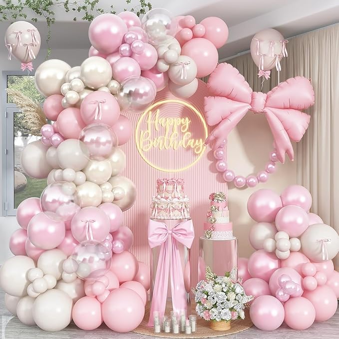 Double Stuffed Pearl White and Pink Balloon Arch Garland Kit, Pearl White Beige with Pink Bow Foil Balloons for Girls Women Wedding Bridal Baby Shower Bachelorette Coquette Birthday Party Decorations