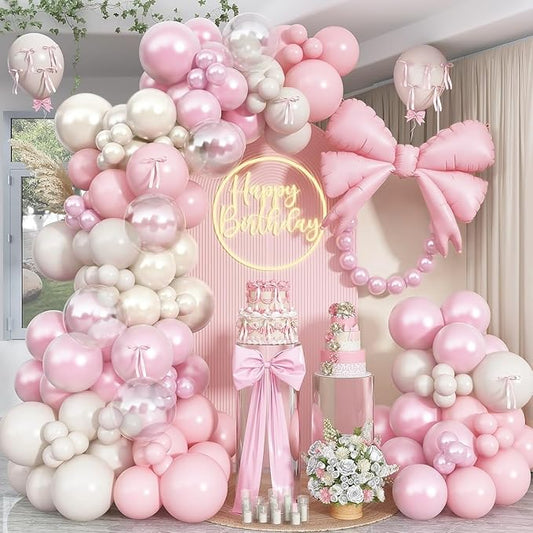 Double Stuffed Pearl White and Pink Balloon Arch Garland Kit, Pearl White Beige with Pink Bow Foil Balloons for Girls Women Wedding Bridal Baby Shower Bachelorette Coquette Birthday Party Decorations