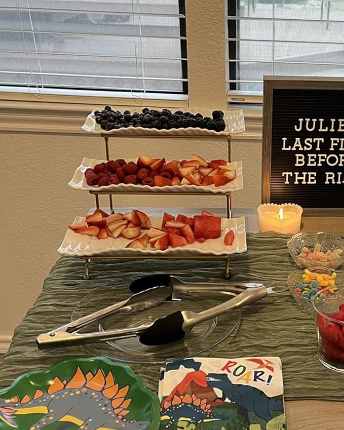 LAUCHUH 3 Tier Trays Stand, Porcelain Serving Trays Collapsible Sturdier Stand Serving Platters Dessert Table Display Set for Indoor Party, Entertaining, Thanksgiving, Christmas, Gold, 12.2 Inch