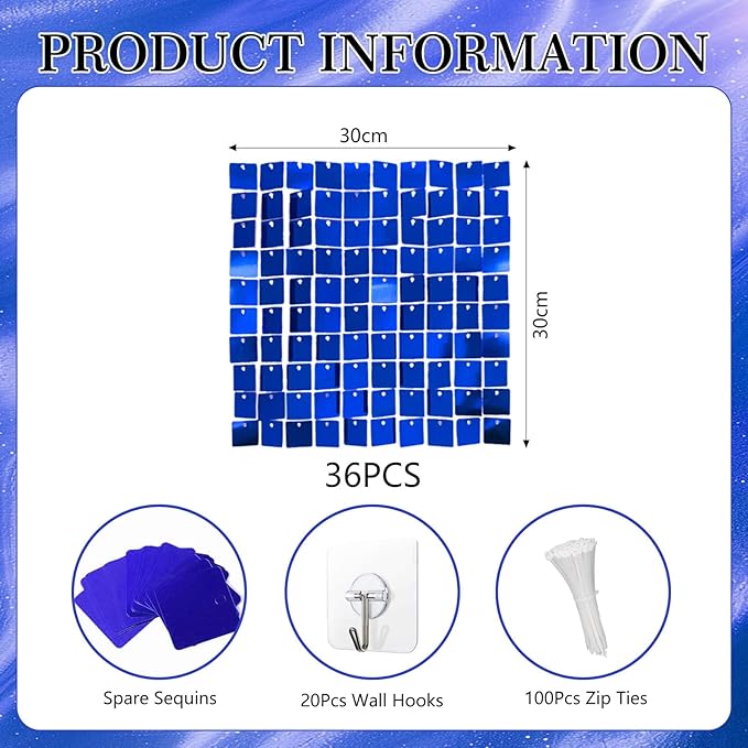 36 PCS Blue Shimmer Wall Backdrop, Square Sequin Photo Backdrops Panel, Glitter Wall Background for Birthdays, Weddings, Halloween, Engagements, Disco Bachelorette Party Decoration (6FTx6FT)