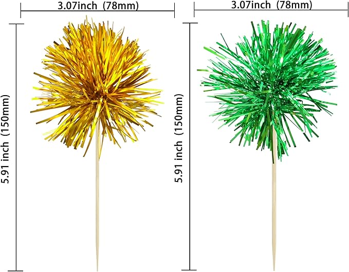 Ephlyn 30Pcs Foil Firework Cupcake Toppers Sparkle Tinsel Cupcake Picks Birthday Cake Decorations Drink Stirrers Cocktail Food Fruit Toothpicks for Baby Shower Graduation Party Supplies Green Gold