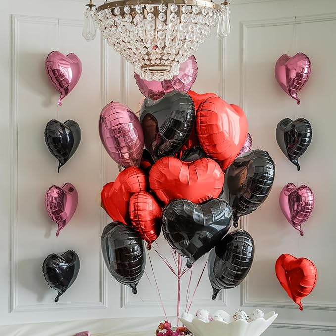 Black and Pink Heart Balloons, 19PCS Light Pink and Red Black Heart Shape Balloon, 18Inch with 10Inch Red Pink Black Helium Foil Love Balloon for Birthday Baby Shower Wedding Theme Party Decor
