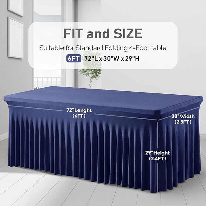 1 Pack Navy Blue Table Clothes for 6 Foot Rectangle Tables, One-Piece Wrinkle Resistant Stretch Spandex Table Covers with Table Skirt for Event Banquet Wedding Birthday Party
