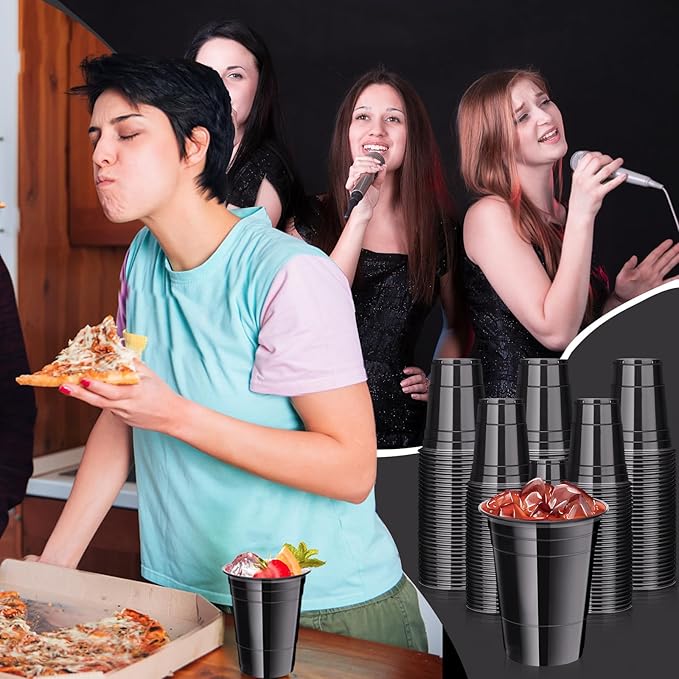 Dualshine 100 Pack Black Plastic Cups 16 oz, Disposable Cups for Party, Heavy Duty Drinking Cups, Halloween Cup for Wedding Birthday Beer Taste Serving Snack Sample Tastings Barbecues Picnic
