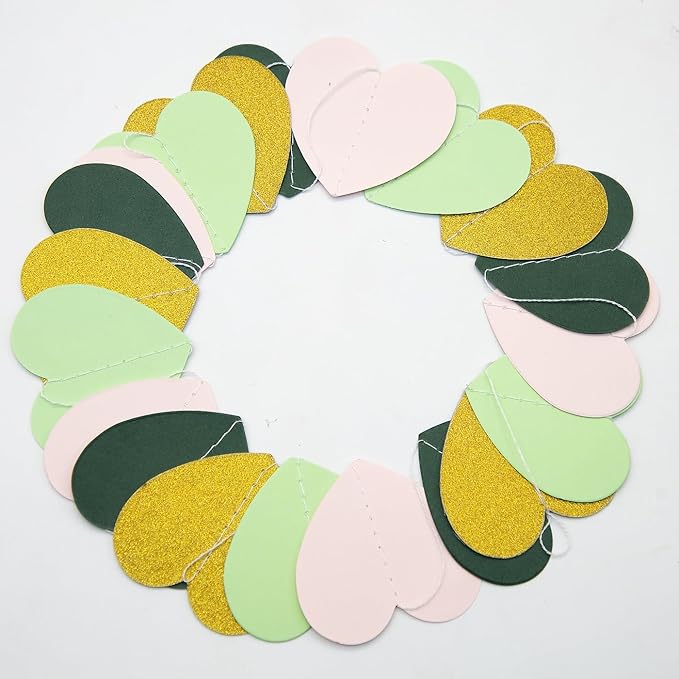 Sage-Green Pink Gold Party-Decorations - Paper Heart Garland Streamers Woodland Theme Baby Shower Bridal Shower Birthday Decoration Wedding Bachelorette Engagement Hanging Decor HongTongTong