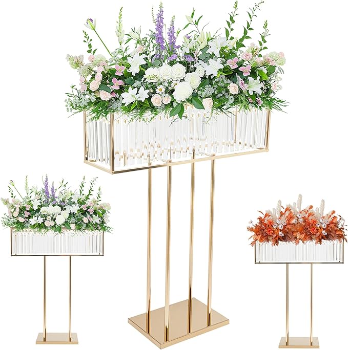 Tall Crystal Flower Stand for Wedding Centerpieces – 28" x 12" Gold Metal Pedestal with Sparkling Crystal Pendants, Elegant Flower Vase Stand for Tables, Parties, Banquets & Event Decorations