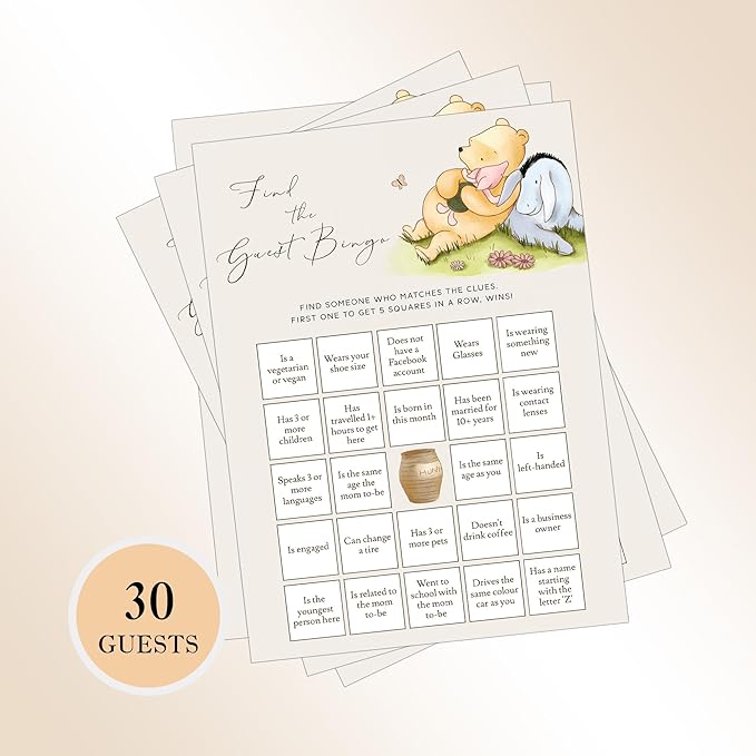 Pooh Bear Baby Shower Games, Find The Guest Bingo, Set of 30, Party Favors & Decorations