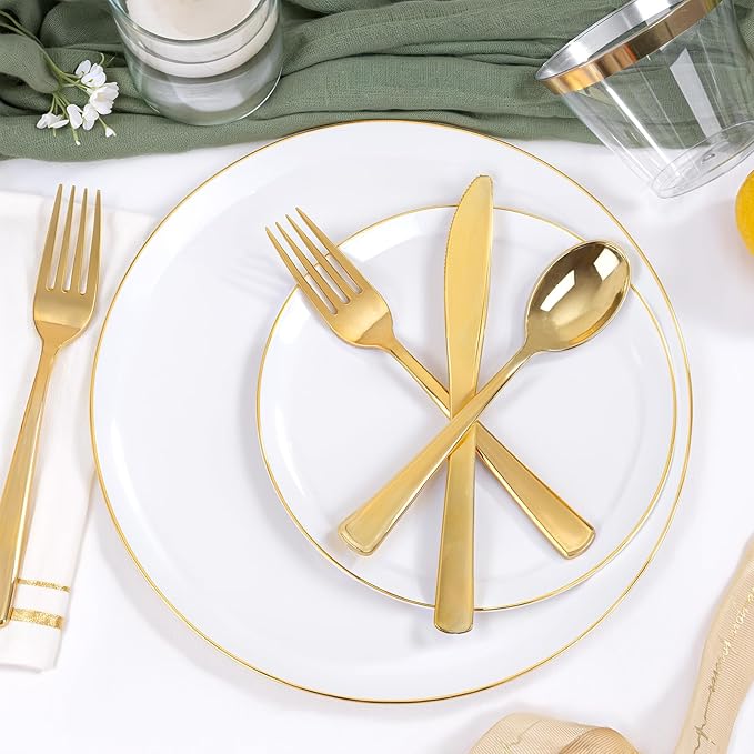 Festiva 350Pcs Gold Plastic Plates - White and Gold Dinnerware Set Disposable include 10" & 7" Plates,Cups,Silverware,Napkins -serve 50 Guests Perfect for Wedding& Chritmas &Thanksgiving Party