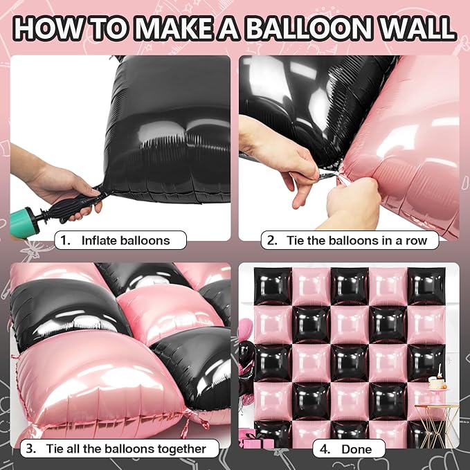 NISOCY 25PCS Black and Pearl Pink Square Foil Balloons Wall Backdrop Double Sided Black and Pearl Pink Balloons Arch Kit for Birthday Party Anniversary Wedding Baby Shower Decorations