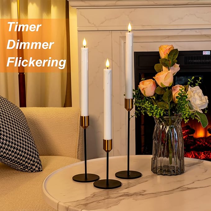 Homemory 6 Pcs Flameless Taper Candles with Remote, Timer, Dimmer, 9.6 Inches Plastic White Led CandleSticks with Flickering Light, Battery Operated Window Candles for Halloween Christmas Decoration