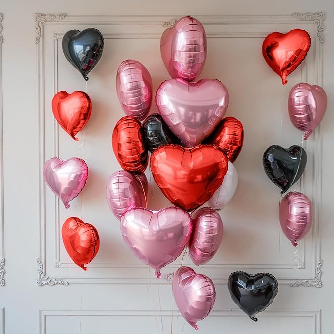 Black and Pink Heart Balloons, 19PCS Light Pink and Red Black Heart Shape Balloon, 18Inch with 10Inch Red Pink Black Helium Foil Love Balloon for Birthday Baby Shower Wedding Theme Party Decor