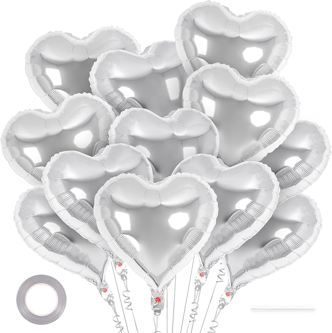 12 Pcs Sliver Heart Balloons,18 Inch Heart Shape Foil Balloons Love Balloon Valentine Balloon for Birthday Party Wedding Engagement Party Baby Shower Valentine Day Decorations (sliver)