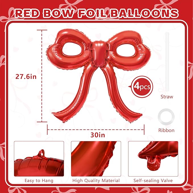 4 Pcs Red Bow Balloons Bow Party Decorations for Girl Women Red Bow Birthday Decorations Giant Foil Balloon for Baby Shower Engagement Wedding Christmas Decor Bachelorette Party Supplies