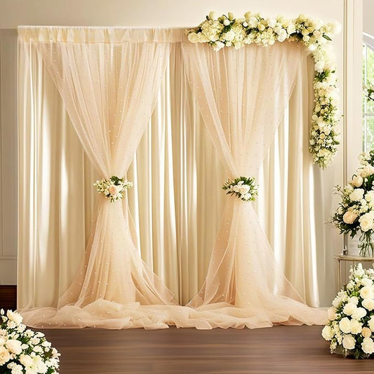 10 * 8FT Beige Pearl Tulle Double Layered Backdrop Curtain with Lights String and Lining Fabric for Wedding Baby Shower Birthday Parites Photo Decorations