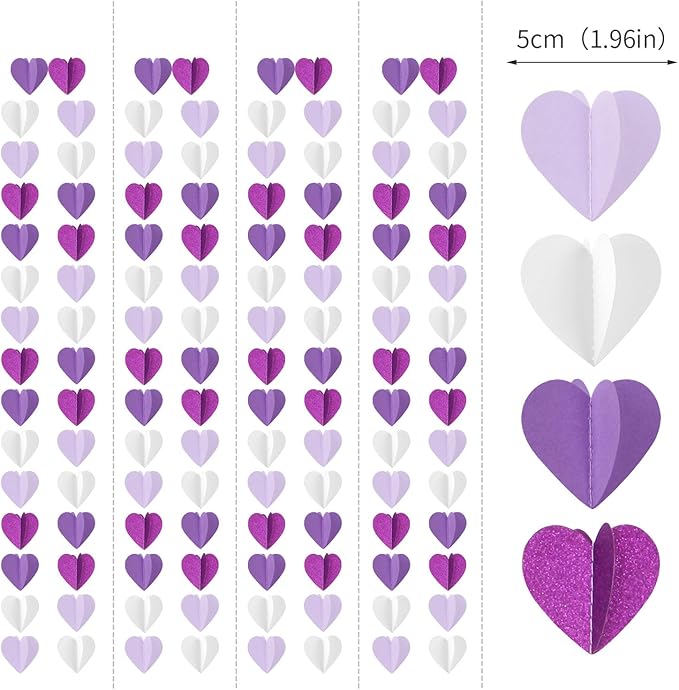 Purple White Lavender Party-Decorations Heart-Garland - 39Ft 3D Women Girl Birthday Supplies Hanging Paper Streamers Banner,Baby Bridal Shower Wedding Engagement Bachelorette Graduation Decor Ouruola