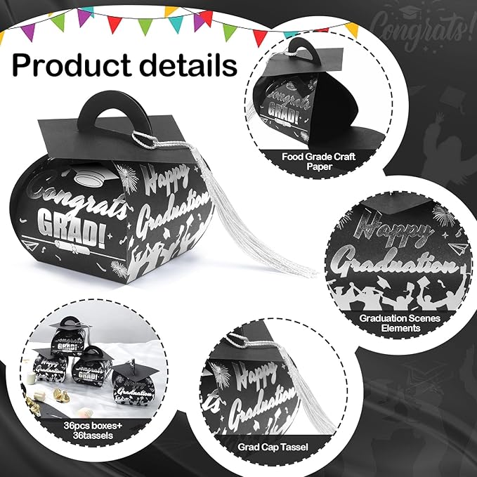 COTOPHER 36 Pcs Graduation Cap Gift Boxes with Tassel, Class of 2025 Graduation Candy Boxes Centerpieces for Tables Party Decorations, Mini Treat Chocolate Box Graduate Favors Supplies